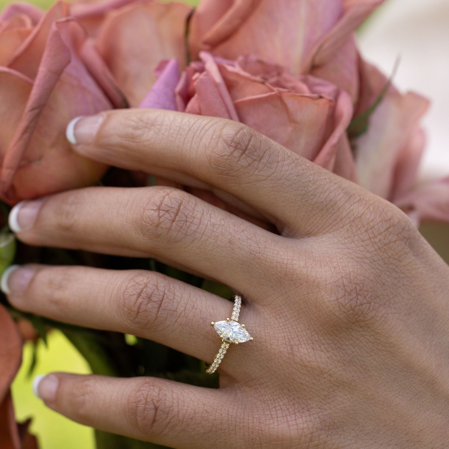 Marquise Shaped Three Stone Lab Grown Diamond Engagement Ring