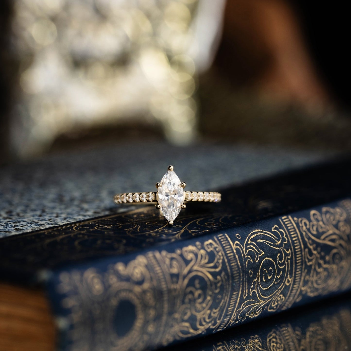 Marquise Shaped Three Stone Lab Grown Diamond Engagement Ring