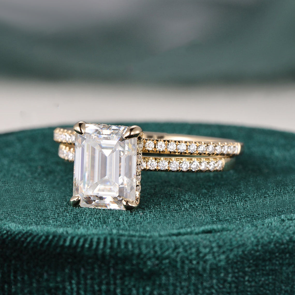 1.50 CT Emerald Cut Hidden Halo Moissanite Bridal Ring Set 4