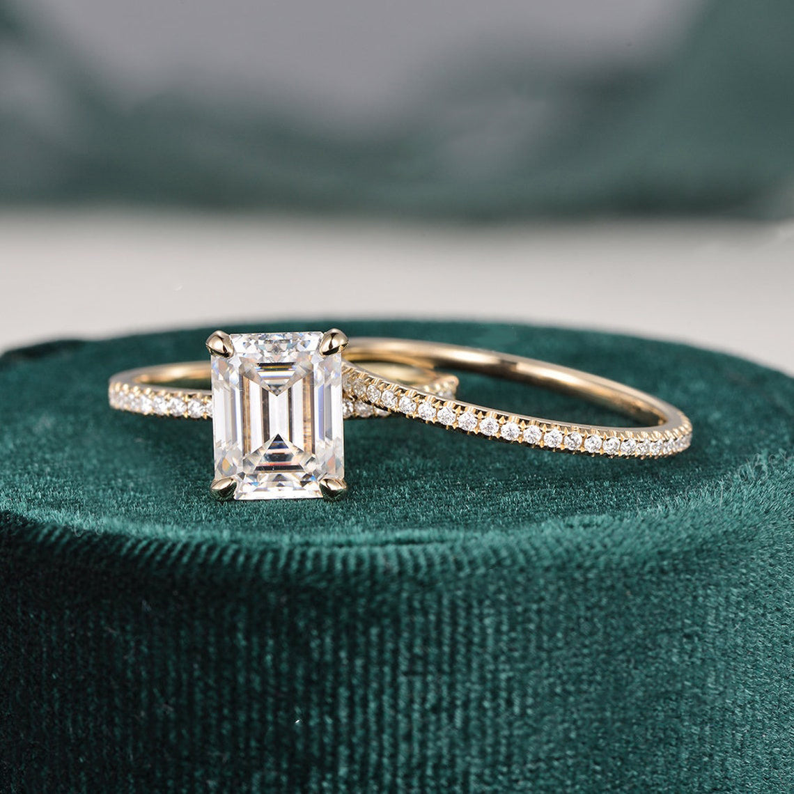 1.50 CT Emerald Cut Hidden Halo Moissanite Bridal Ring Set 5