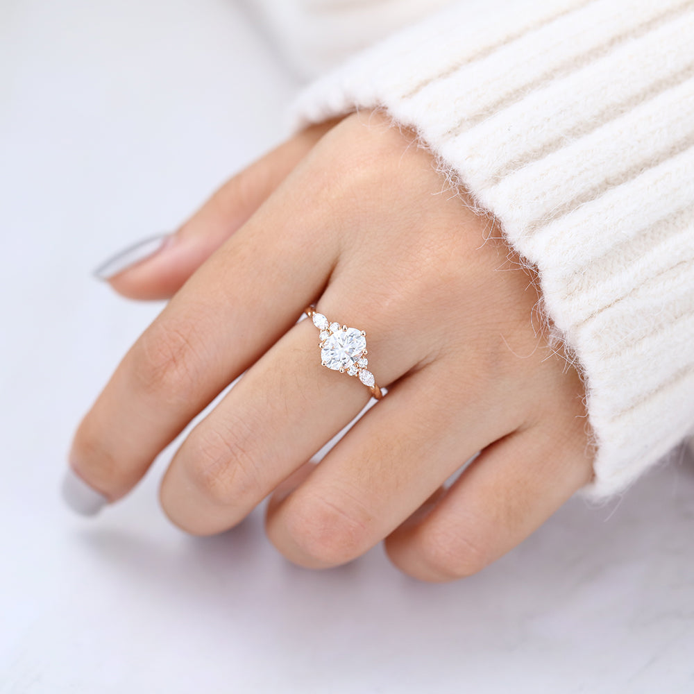 1.33 CT Oval Shaped Moissanite Cluster Engagement Ring 6