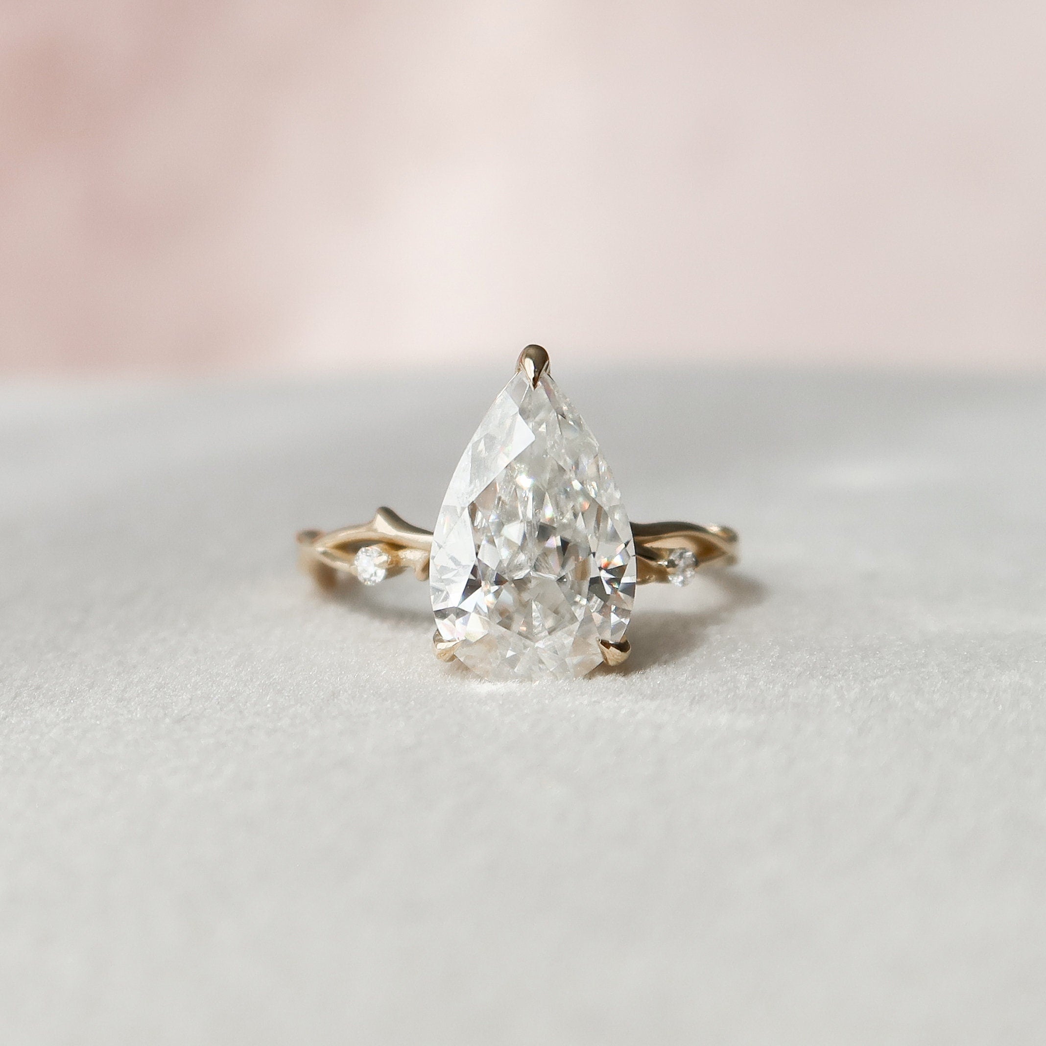 2.5 CT Pear Cut Solitaire & Twig Pave Moissanite Engagement Ring 3