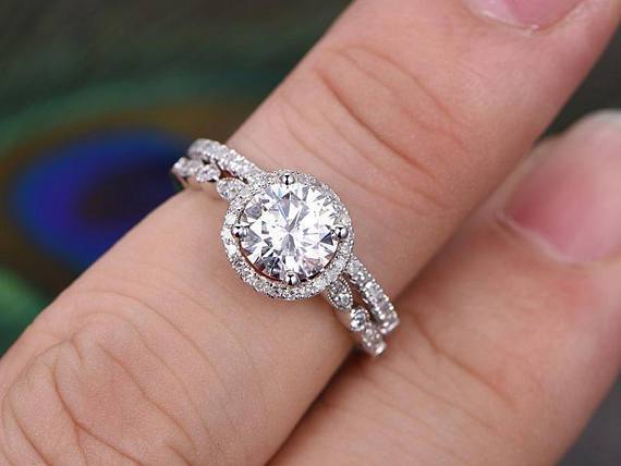 1.5 CT Round Cut Halo Pave Setting Moissanite Bridal Ring Set 1