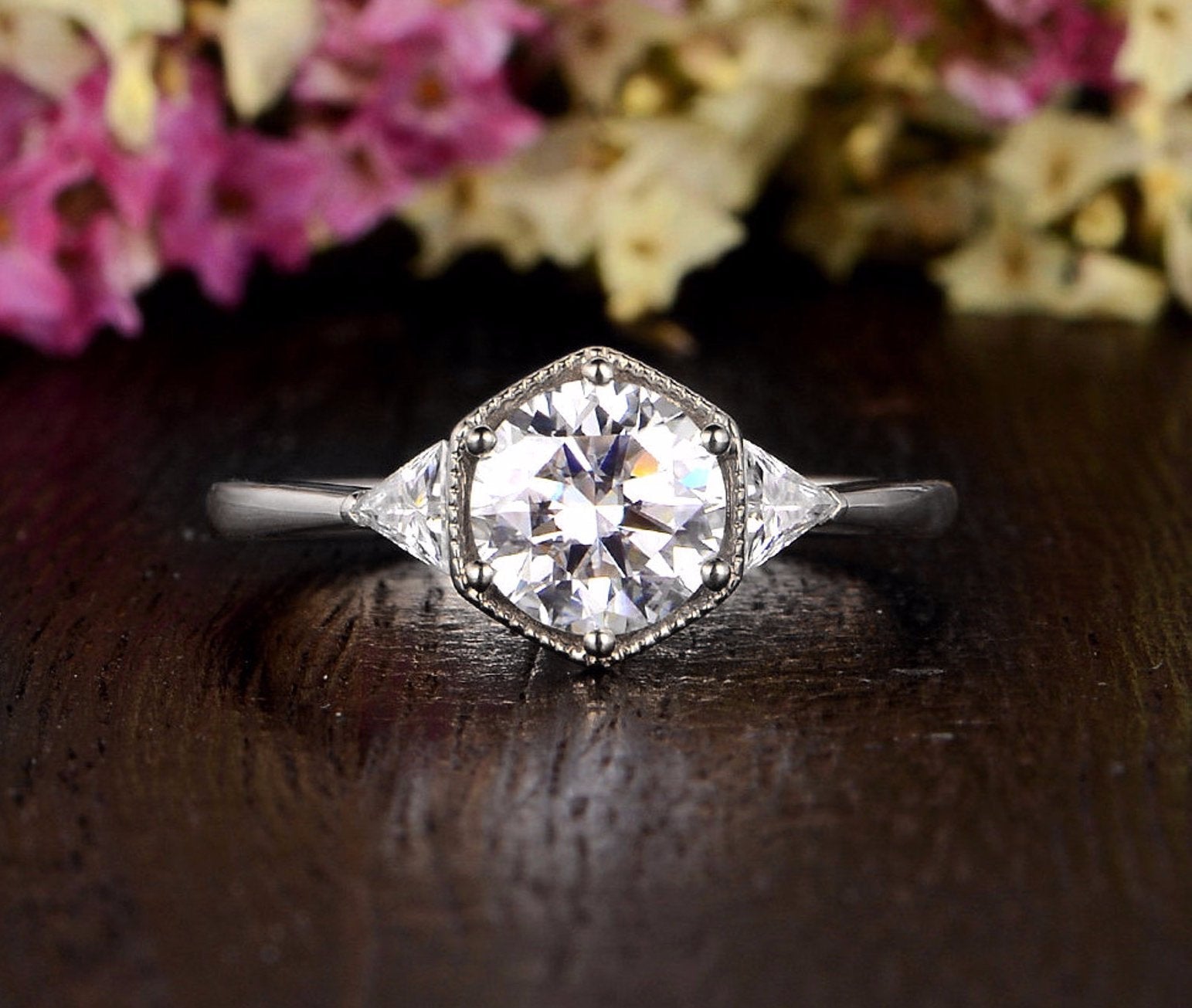 1.60 CT Round Cut Three Stone Moissanite Engagement Ring 1