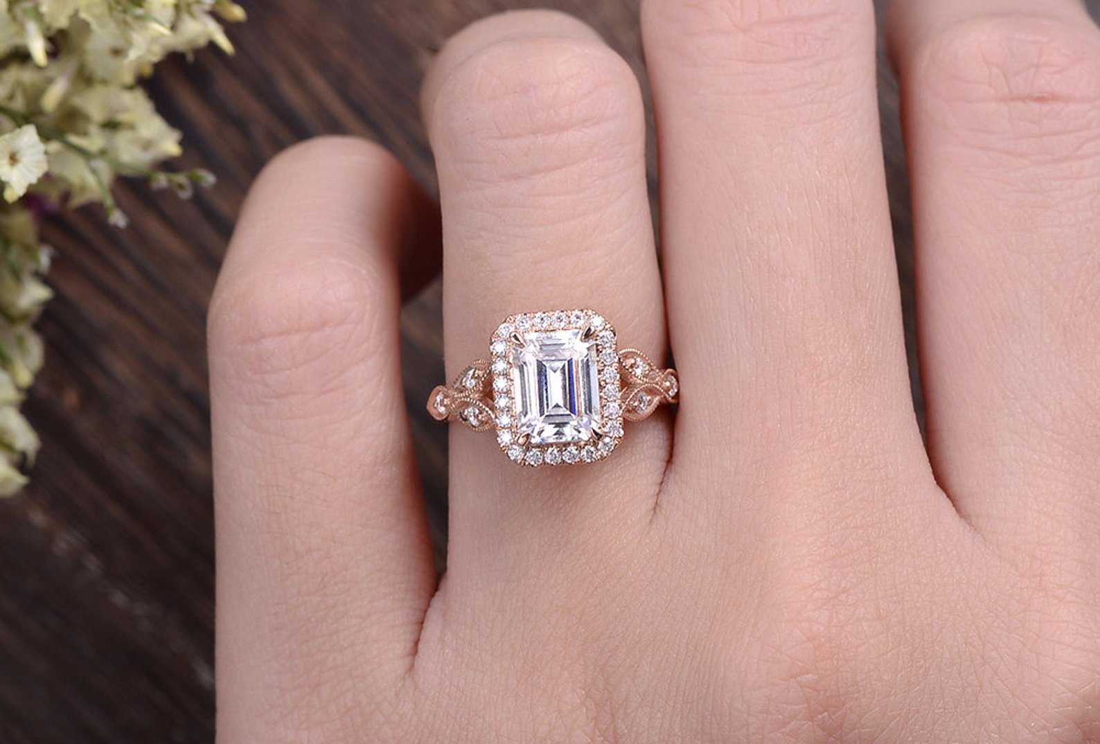 1.0 CT Emerald Cut Halo Moissanite Engagement Ring 2