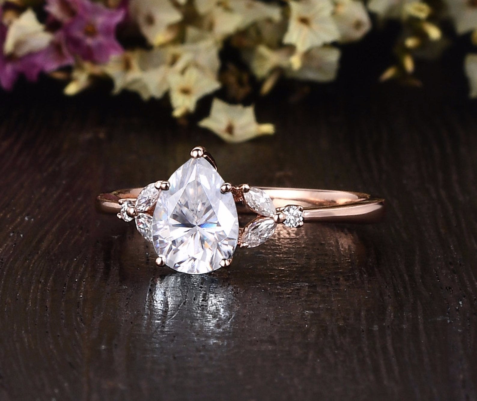 0.75 CT Pear Cluster Moissanite Engagement Ring 5