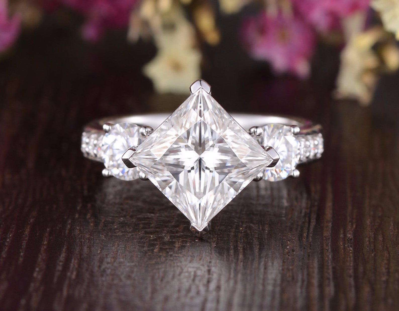 2.08 CT Princess Cut Three Stone Moissanite Engagement Ring 2