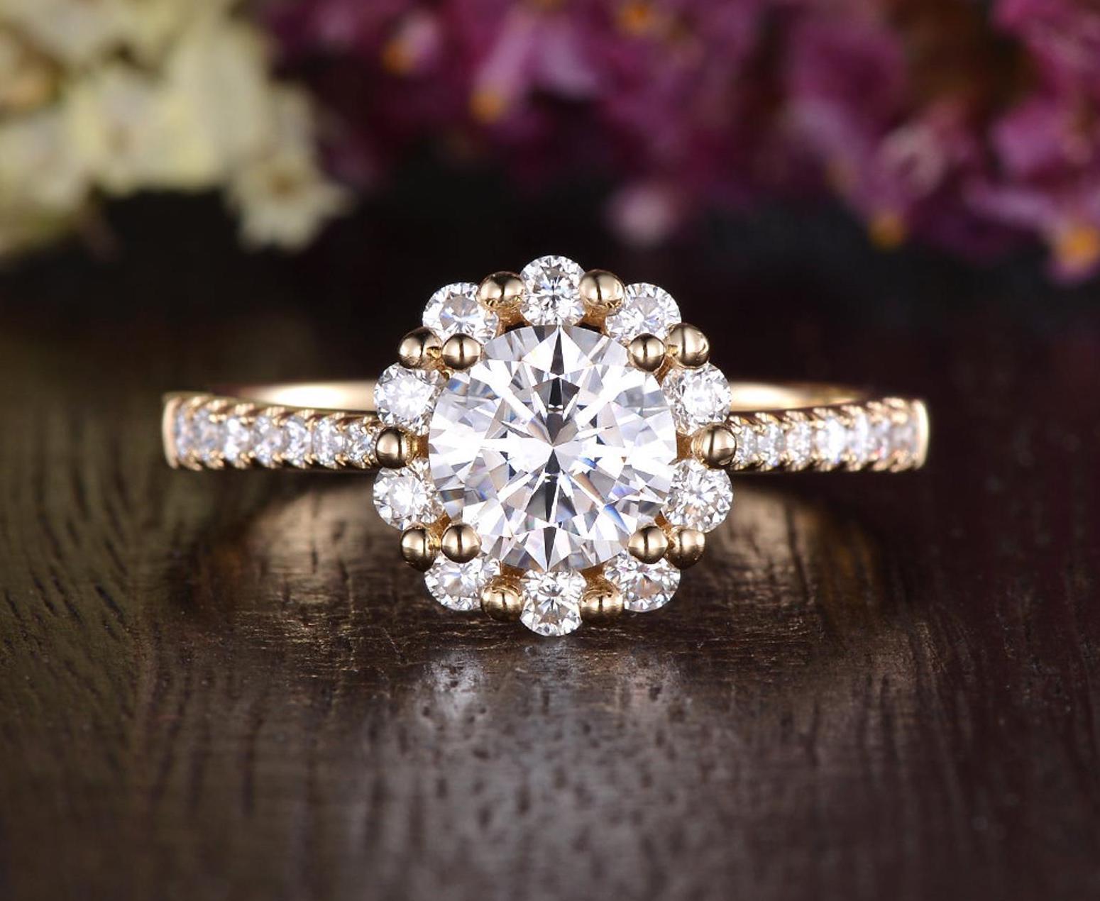 0.75 CT Round Halo Pave Moissanite Bridal Ring Set 6