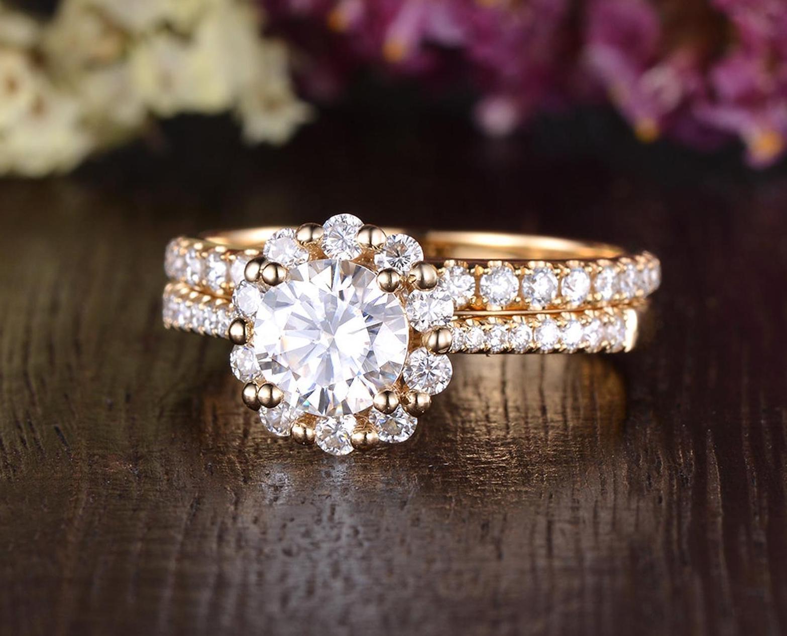 0.75 CT Round Halo Pave Moissanite Bridal Ring Set 3