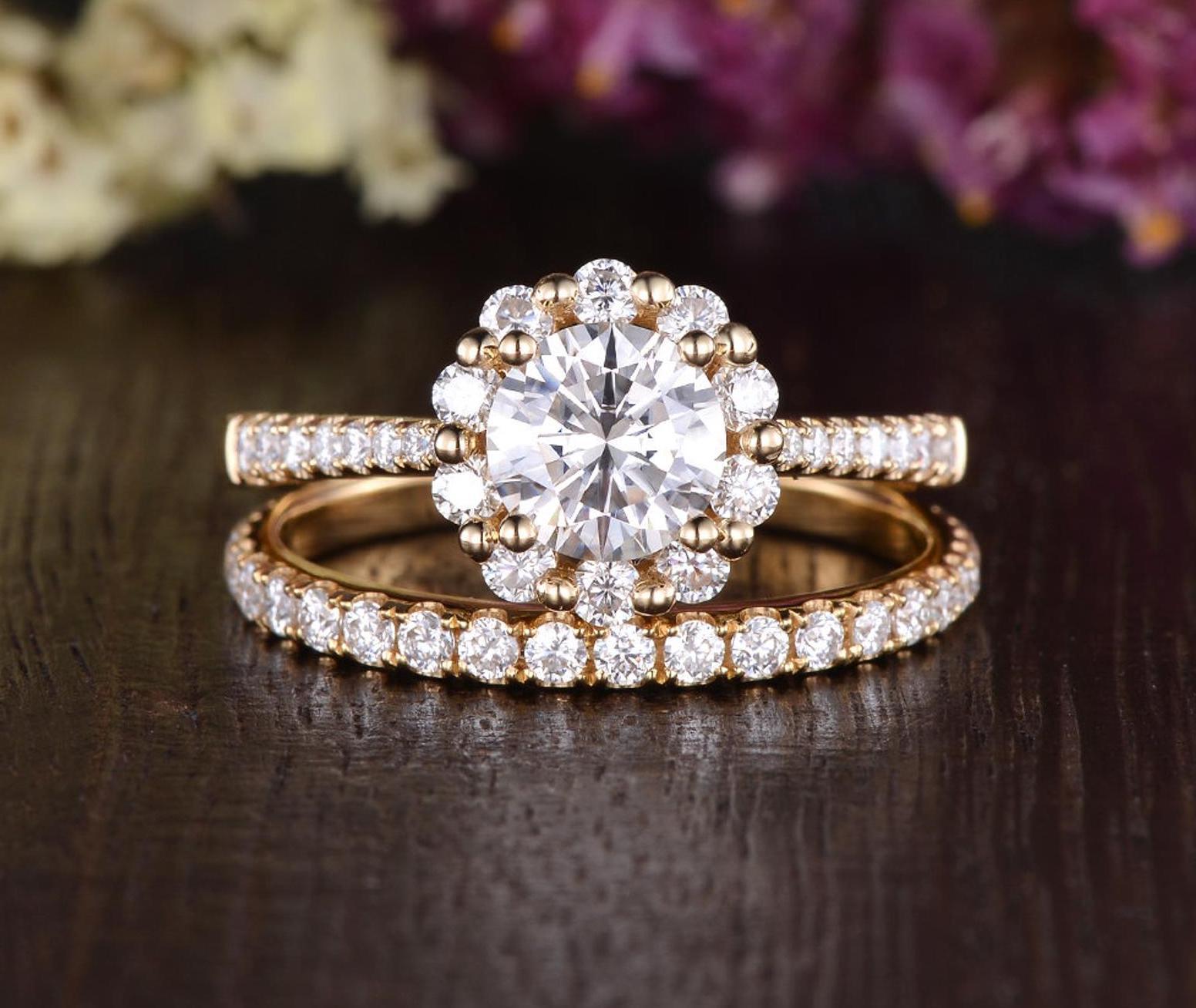 0.75 CT Round Halo Pave Moissanite Bridal Ring Set 1