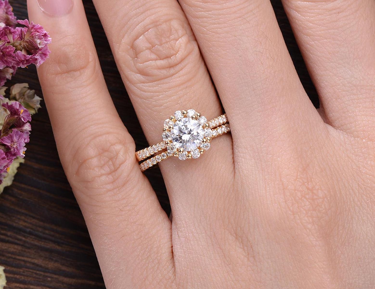 0.75 CT Round Halo Pave Moissanite Bridal Ring Set 2